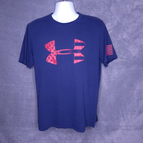Under Armour Mens Navy T-Shirt With Red Stars & Stripes Logo Large HeatGear - Picture 2 of 7